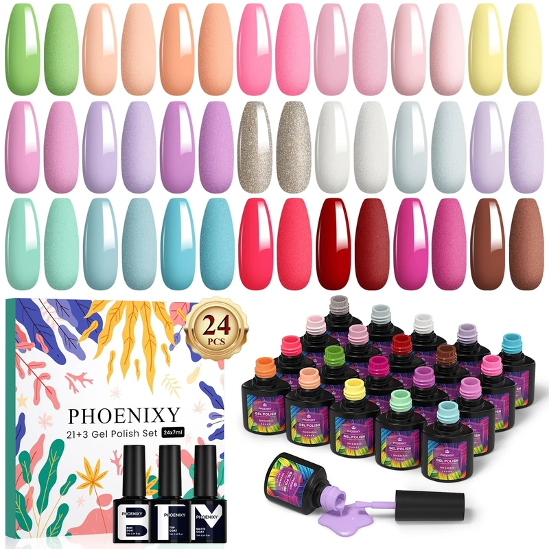 PHOENIXY Gel Nail Polish Set, 21 Colours Pink Red U V Gel Nail Polish with Glossy Matte Top Coat Manicure Salon Home Nail Kit Gift for Women