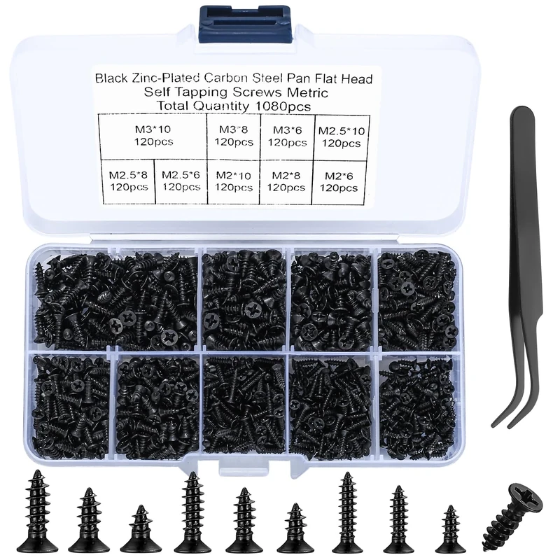 Heozhuyi 1080 Pcs Small Wood Screws Kit - M2/M2.5/M3, 6-10mm, Black