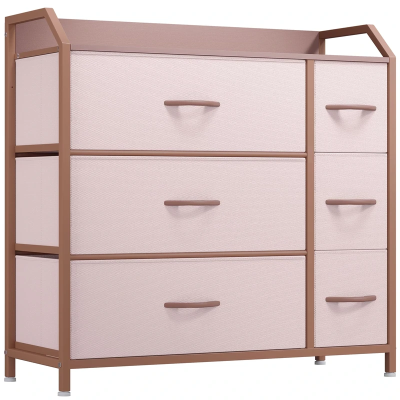 YITAHOME Chest of Drawer with 6 Drawers for Bedroom Fabric Dresser Storage Drawers With Handles Metal Frame for Living Room, Hallway,Pink
