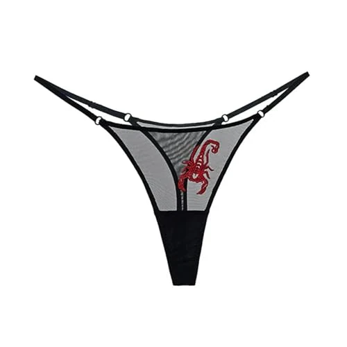 VHPNWJOB Underwear Women Mesh T-Shaped Panties Embroidery Wild Thin Belt T-Shaped String Thong-Red Scorpion Black-S M-1Pc