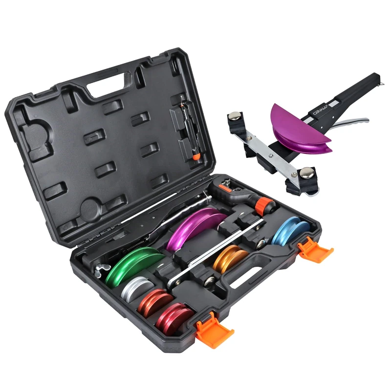 CARVALAX 90° Ratcheting Pipe Tube Bender Set: 1/4" to 7/8" O.D. with 7-Color Aluminum Heads – LITE MODEL (No Reverse) with Tube Cutter & Deburring for HVAC, Air Conditioning and Hydraulic Applications