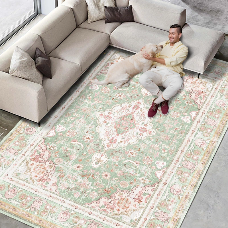 Vhong Washable Area Rugs Boho Vintage Modern Neutral Large Carpet Green and Pink High Traffic Rugs 8×10 for Dinning Room Living Room Bedroom Farmhouse Non Slip