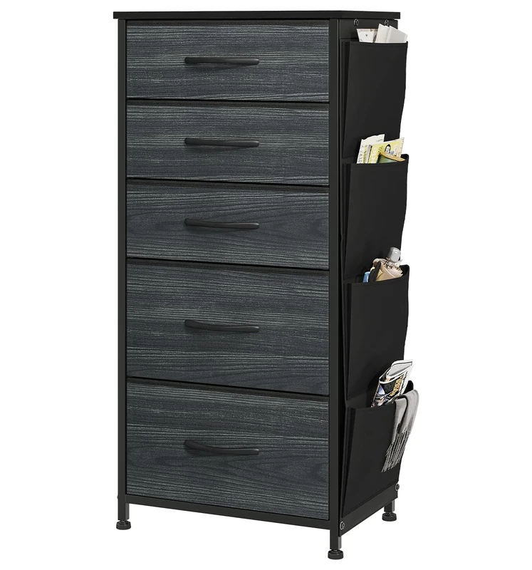 YITAHOME Chest of Drawer with 5 Drawers for Bedroom Fabric Dresser Storage Drawers With Handles Metal Frame for Living Room, Hallway,Black wood grain