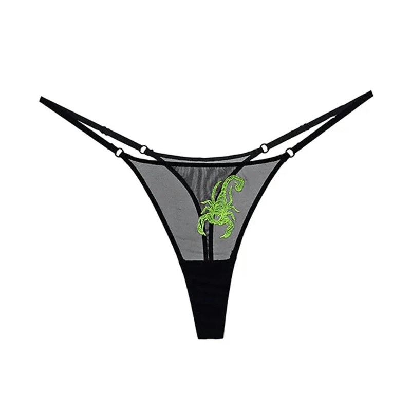VHPNWJOB Underwear Women Mesh T-Shaped Panties Embroidery Wild Thin Belt T-Shaped String Thong-Green Scorpion Black-S M-1Pc
