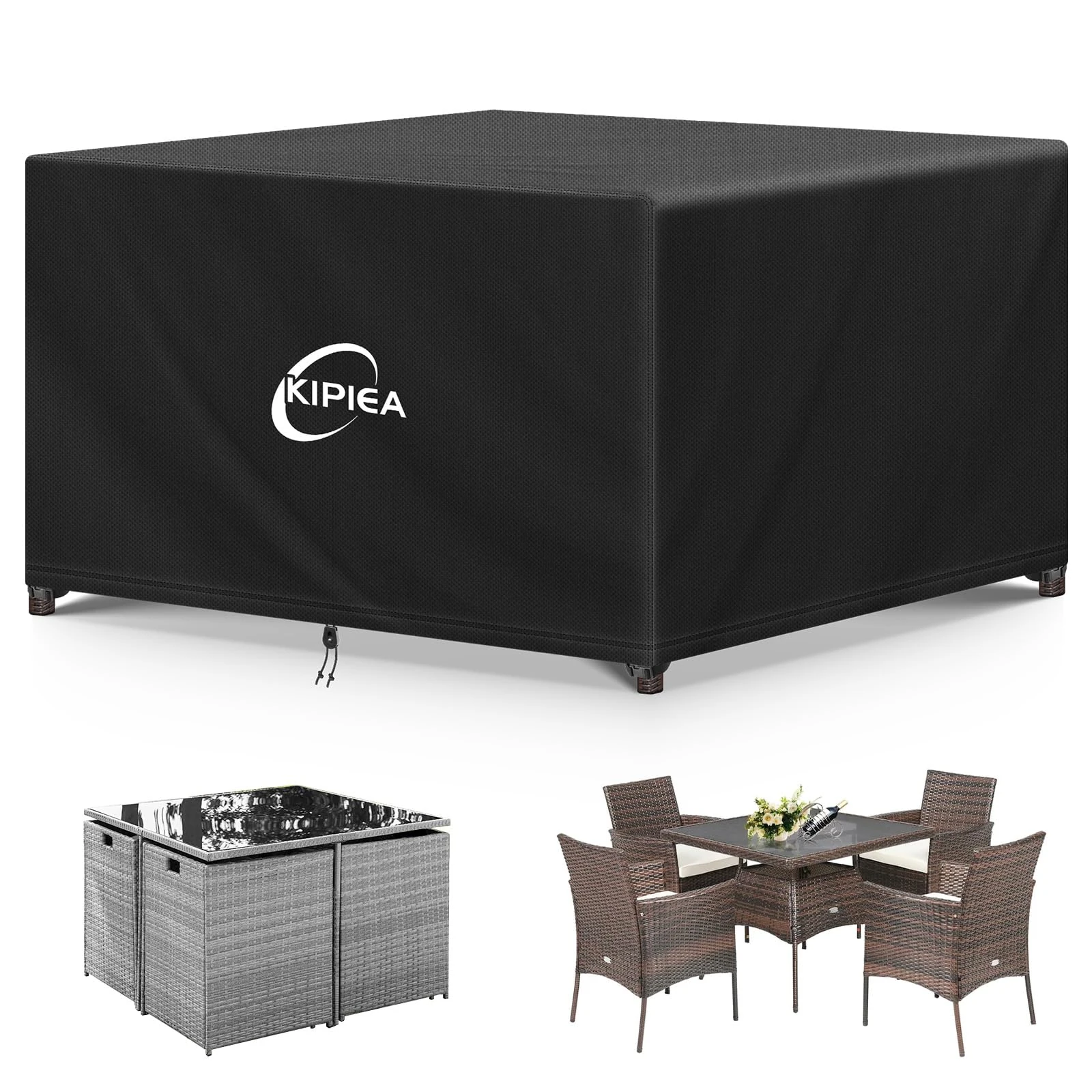 Kipiea Garden Furniture Covers Waterproof, Outdoor Cube Furniture Covers for Table & Chairs Windproof, 420D Oxford Fabric Square Patio Rattan Table Cover, Anti-UV, No Tear - 115 x 115 x 71cm