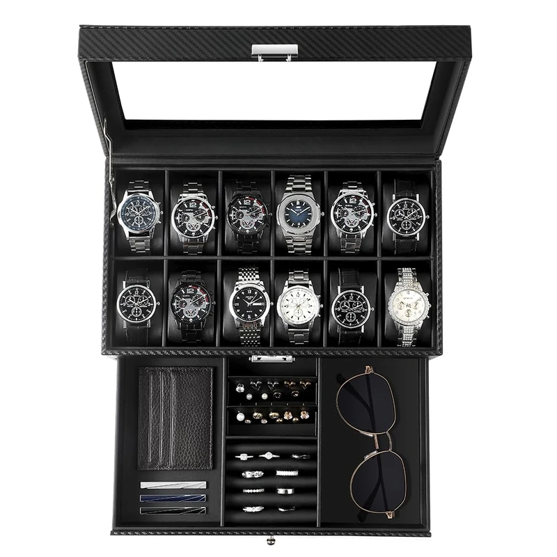 GUKA Watch Box, 12 Slot Watch Case, Watch Cases for men with Real Glass Lid, Synthetic Leather Watch Organizer storage with Jewelry Case, Birthday for Men and Women, Black, GK-012-BKCX