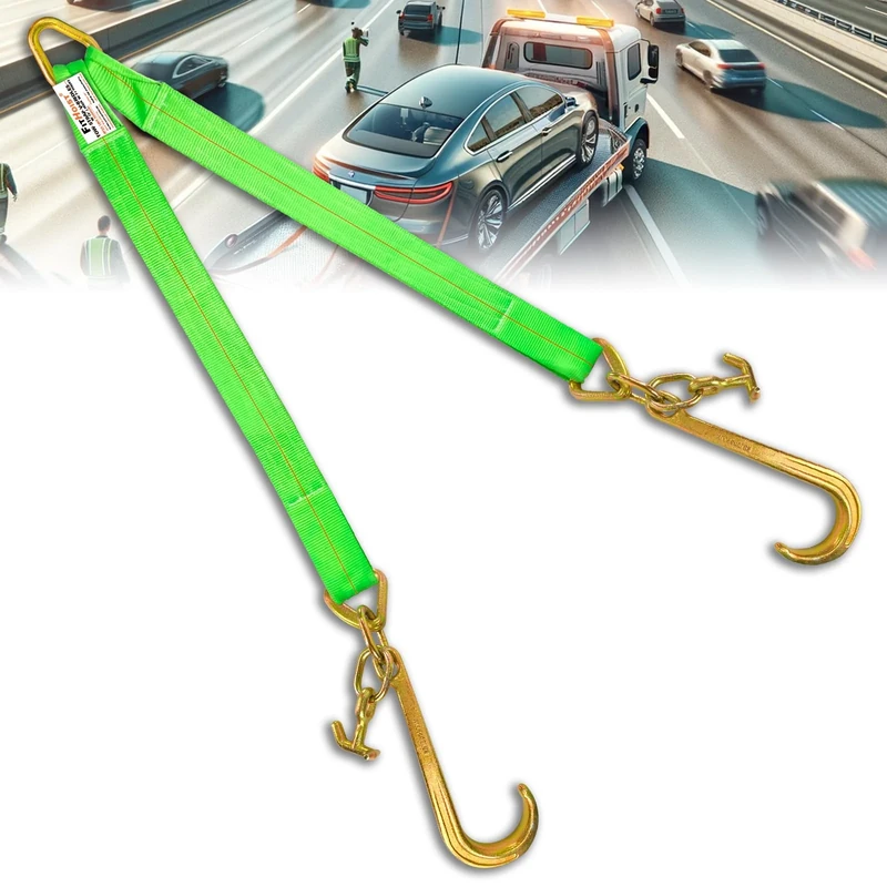 FITHOIST V Bridle Tow Strap w/ 15'' J & T-J Hooks | 3" x 36'' Recovery V-Strap, Hi VIZ Green Webbing, 5400lbs WLL | Heavy Duty Tow Straps w/Reinforced Webbing for Towing, Car Hauler, Wrecker, Rollback