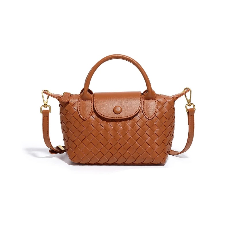 Waiyqju Mini Small Size Braided Luxury Leather Women's top Handle Handbag Fashion Travel Daily Satchel, Brown, S