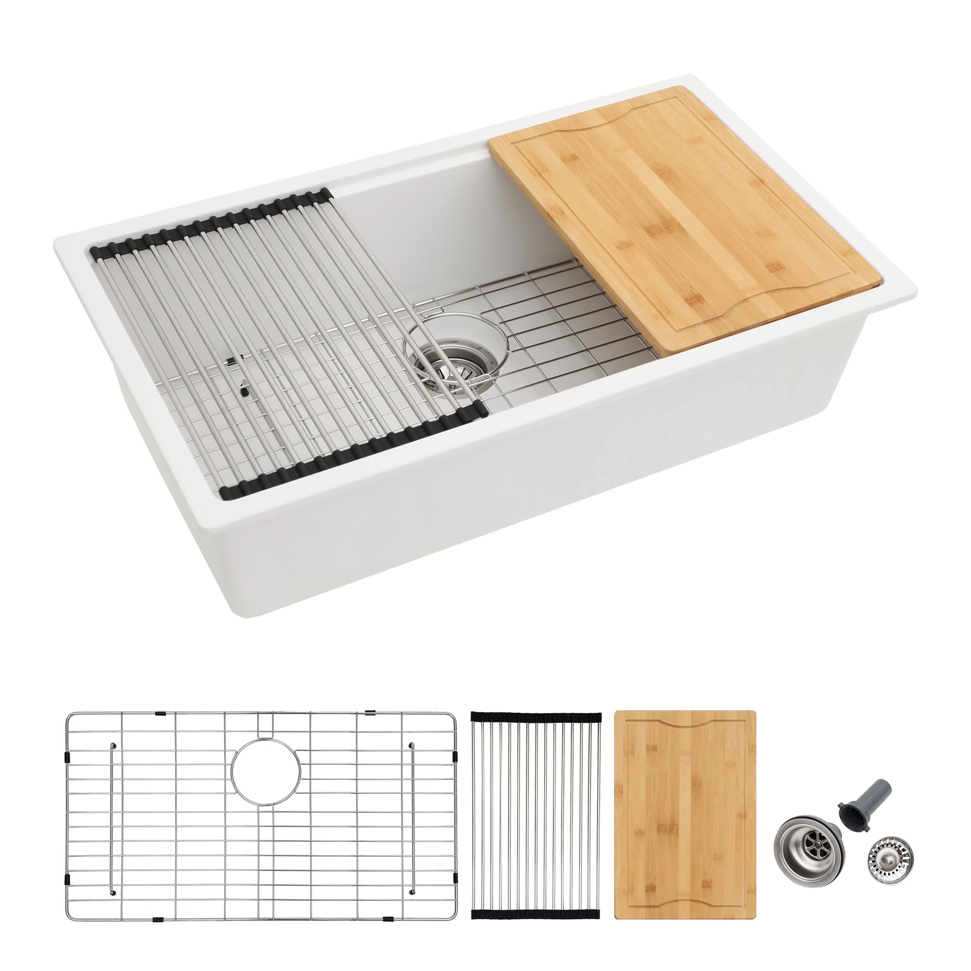 Dcolora White Kitchen Sink 33 inches Granite Composite Workstation Undermount Large Single Bowl Quartz Kitchen Sink 30"W x 19"D x 10"H, DC-GU7756