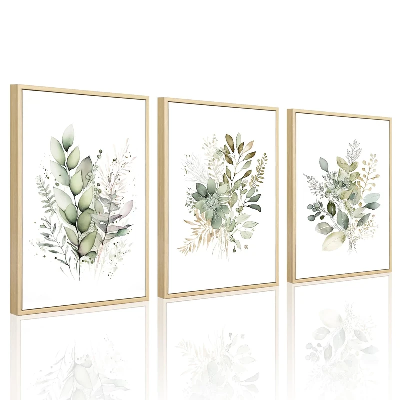 Joocrise Watercolor Botanical Wall Art Set of 3 Boho Floral Canvas Wall Decor Prints Sage Green Wildflower Wall Art Modern Flower Pictures Botanical Painting for Bedroom Bathroom 12x16 Inch Framed