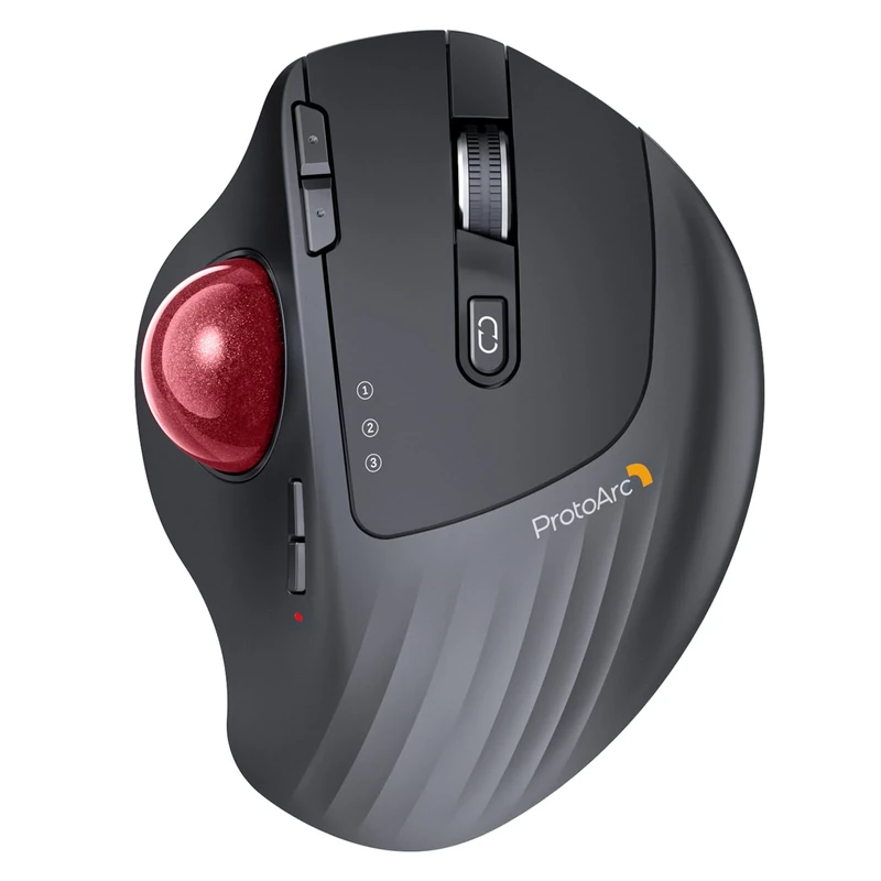 ProtoArc EM01 NL Wireless Bluetooth Trackball Mouse, 2.4G Ergonomic Rechargeable Rollerball Mouse with 3 Adjustable DPI, 3 Device Connection for PC, Mac, Windows, Red Roll