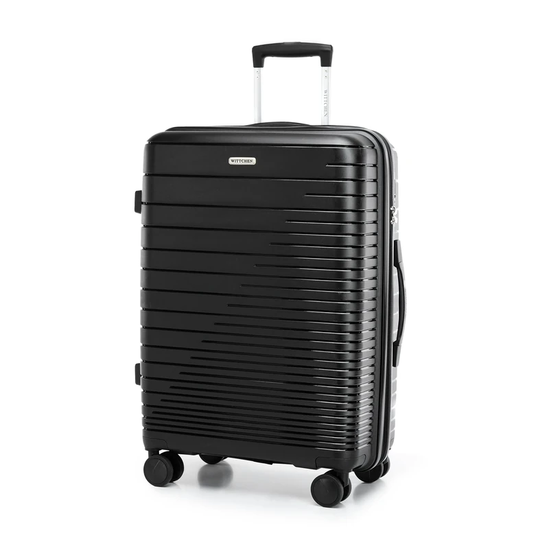 WITTCHEN FUERTA Line Set of suitcases Hard Luggage Expandable Suitcase Luggage Made of Polypropylene with Glistening Straps 4 Double Wheels Retractable Handle TSA Lock Size (S+M+L) Black
