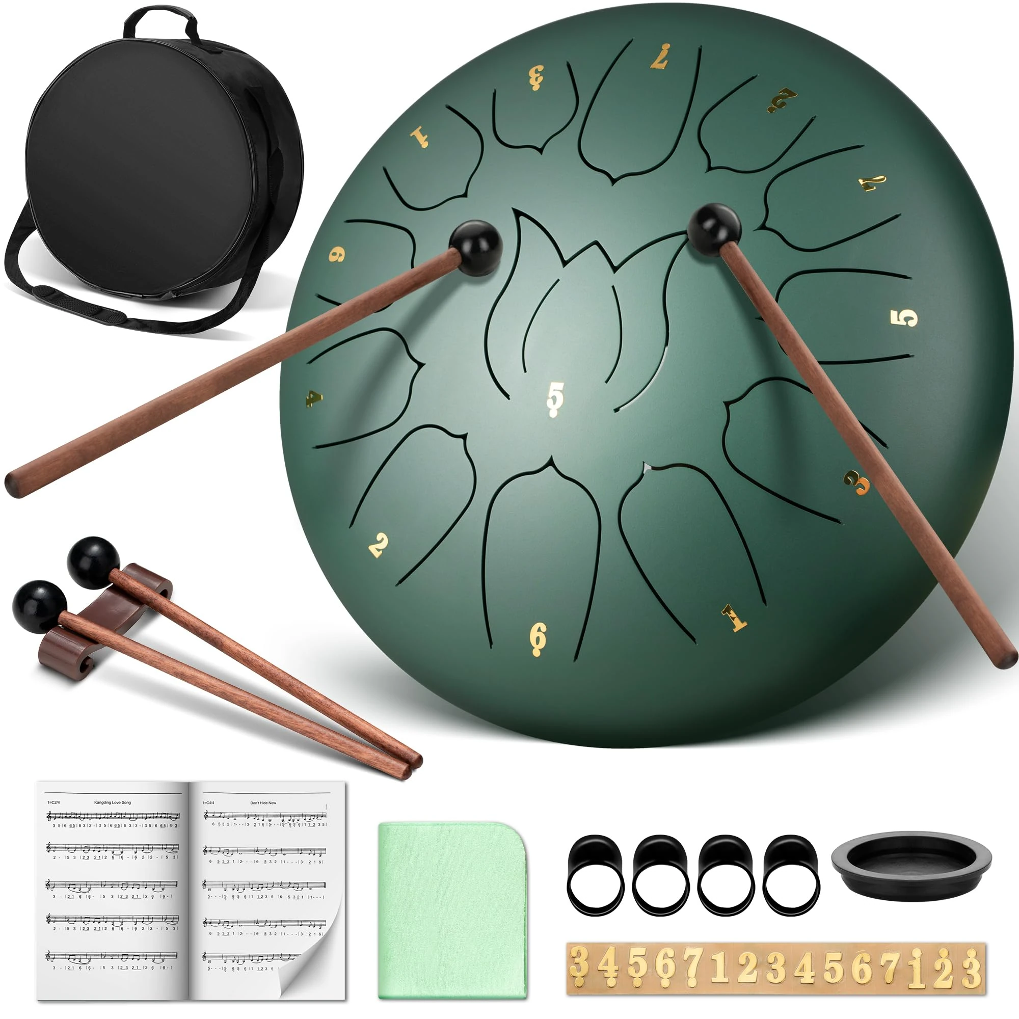 CAHAYA Steel Tongue Drum 13Notes: 12 Inch Steel Hand Drum with Music Book, Mallets, Finger Picks and Carry Bag Green CY00374-1