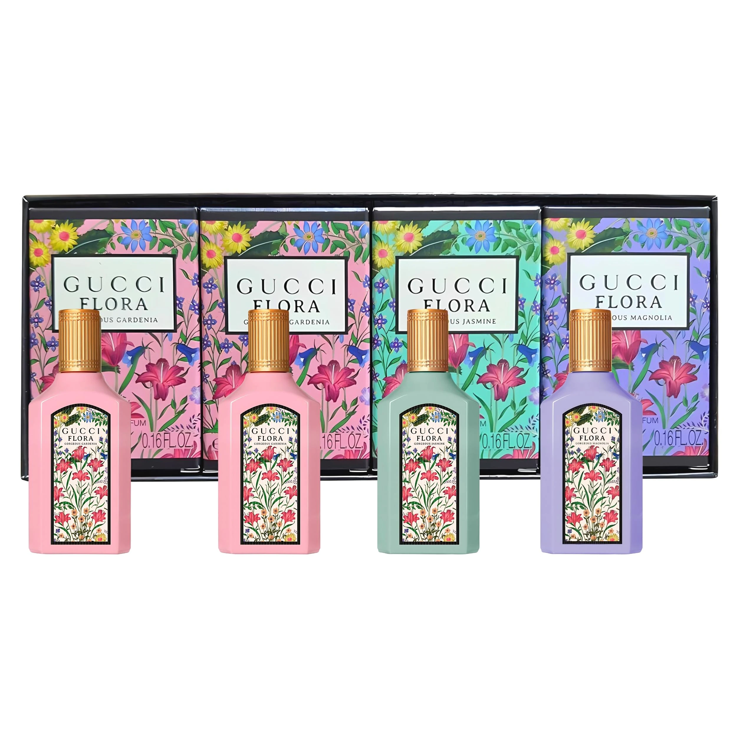 Gucci Flora Gorgeous 4 Piece Set for Women (Gardenia + Gardenia + Jasmine + Magnolia), 4×0.16 Ounce Parfum Spray