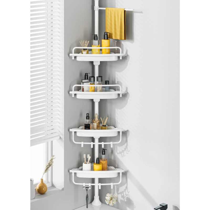 WSBArt Upgrade Sturdy Shower Caddy Tension Pole Quick Installation Corner Shower Shelves 18/8 Stainless Steel Rustproof 4 Tier Adjustable Shower Rack for Bathtub Shampoo Accessories Storage 32-122inch