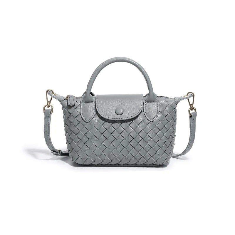 Mini Small Size Braided Luxury Leather Women's top Handle Handbag Fashion Travel Daily Satchel, Blue, S - Image 1