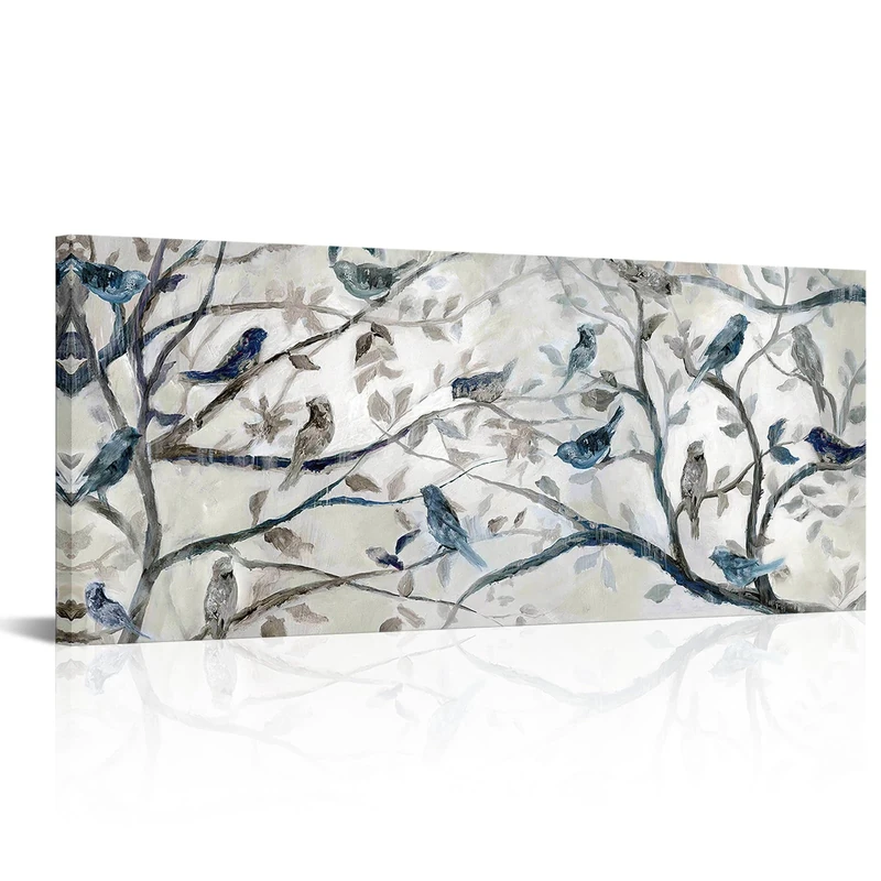 PoGoXiPoYo 1 Panel Abstract Birds Canvas Prints Wall Art Hummingbird Tree Branch Blue and Grey Oil Painting Wall Decor Modern Artwork for Kitchen Living Room Bedroom Framed 20x48 inch