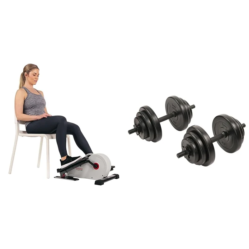 Sunny Health and Fitness Magnetic Under Desk Elliptical Peddler, Portable Mini with Resistance + Exercise Vinyl 18KG Dumbbell Set Hand Weights for Strength Training, Weight Loss, Workout Bench