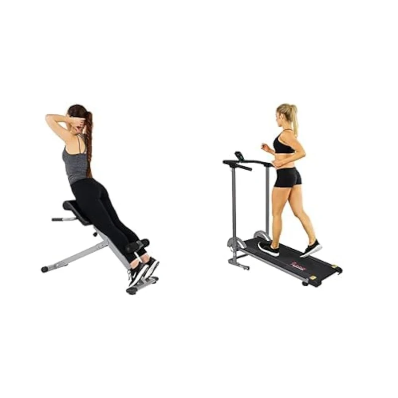 Sunny Health & Fitness Foldable Manual Treadmill, Compact Cardio Fitness + 45 Degree Hyperextension Roman Chair, Steel, Grey, One Size SF-BH6629