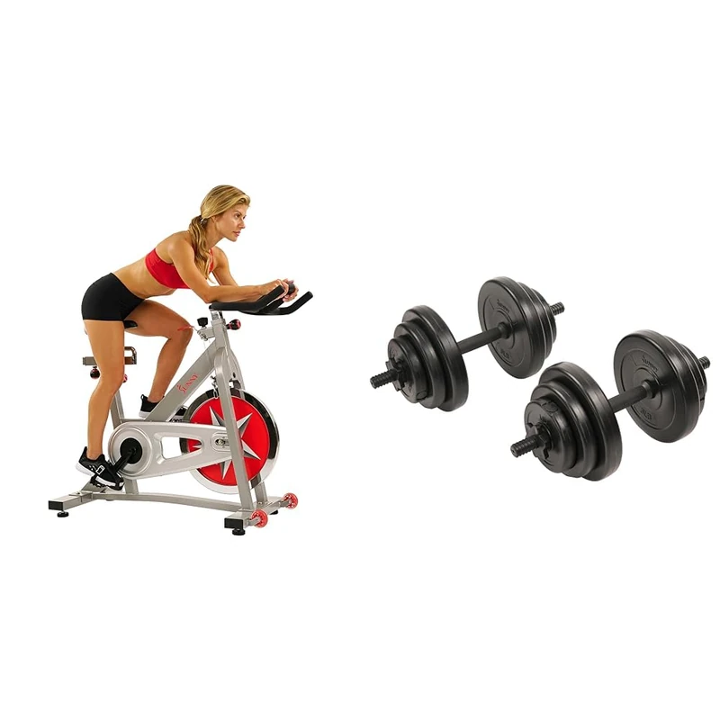 Sunny Health and Fitness Indoor Studio Cycle Pro Exercise Bike with 18 KG Flywheel + Exercise Vinyl 18 KG Dumbbell Set Hand Weights for Strength Training, Weight Loss, Workout Bench