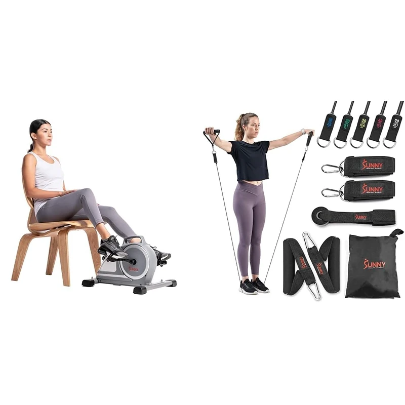 Sunny Health & Fitness Magnetic Under Desk Mini Exercise Cycle Bike, Dual Function Pedal Exerciser + Premium Resistance Band Set With Door Anchors, Wrist Straps, Handles & Carry Bag