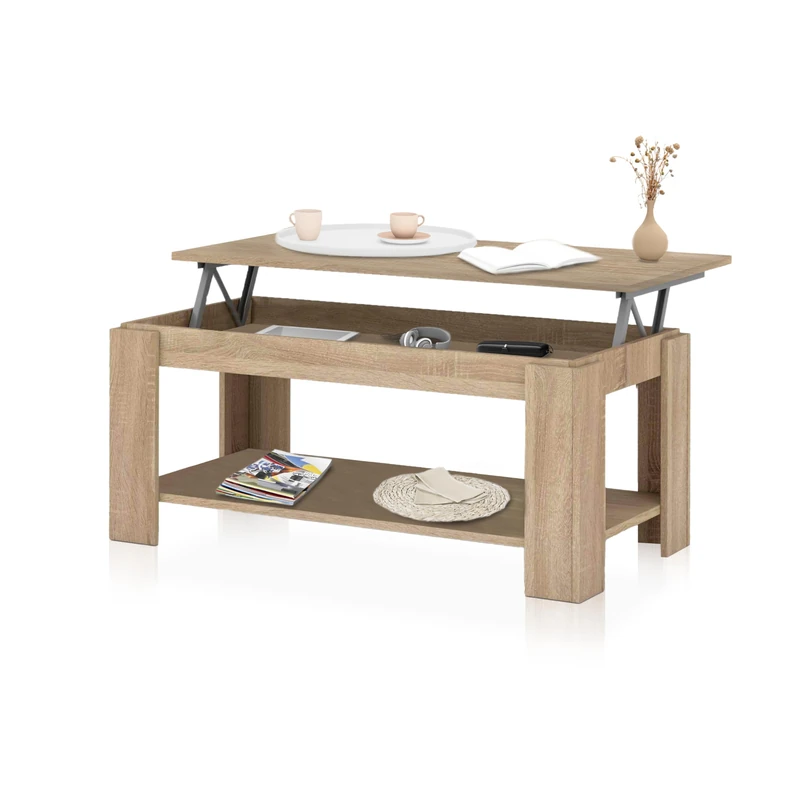 duehome | Lift-up Coffee Table, Side Table, LYA Model, Canadian Oak Finish, Measurements: 102 cm (L) x 50 cm (W) x 43-54 cm (H)