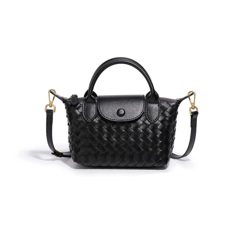 Waiyqju Mini Small Size Braided Luxury Leather Women's top Handle Handbag Fashion Travel Daily Satchel, Black, S - Image 1