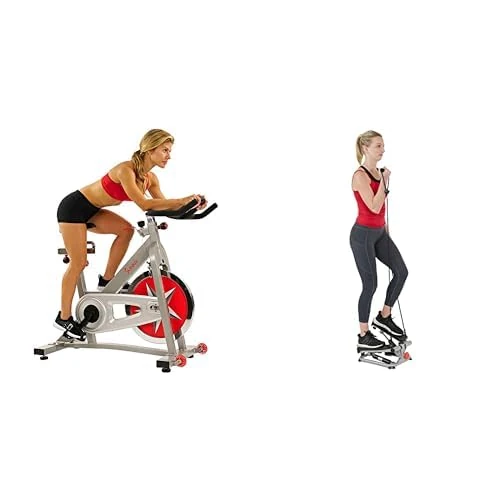 Sunny Health & Fitness Advanced Mini Home Steppers with Resistance Bands - SF-S0978 + Indoor Studio Cycle Pro Exercise Bike with 18 KG Flywheel and Chain Drive