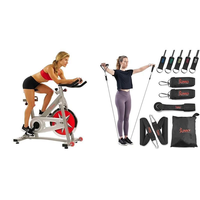 Sunny Health and Fitness Indoor Studio Cycle Pro Exercise Bike with 18 KG Flywheel + Premium Resistance Band Set With Door Anchors, Wrist Straps, Handles & Carry Bag