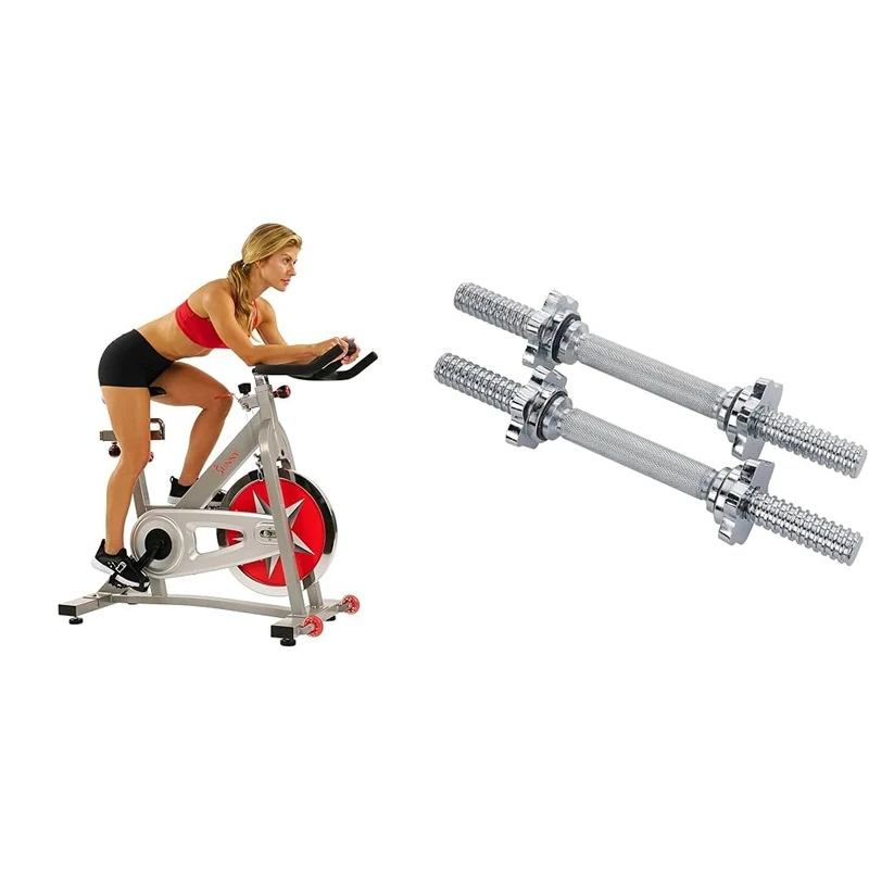 Sunny Health and Fitness Indoor Studio Cycle Pro Exercise Bike with 18 KG Flywheel + 35.5 cm Threaded Chrome Dumbbell Bar