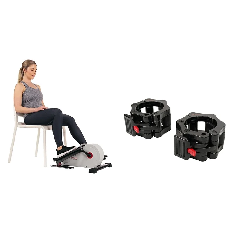 Sunny Health and Fitness Magnetic Under Desk Elliptical Peddler, Portable Mini with Resistance + Locking Collar Clamps with Quick Release for Olympic Barbells for Pro Training