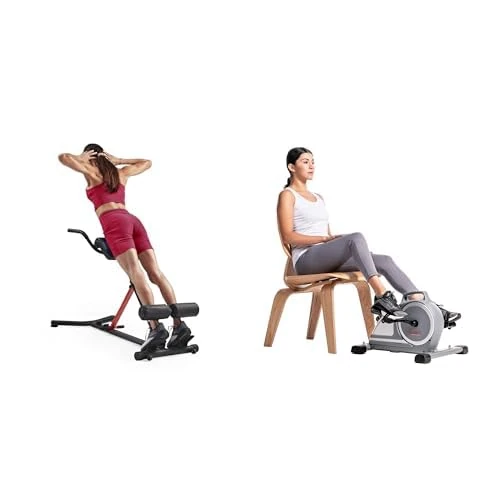 Sunny Health & Fitness Magnetic Under Desk Mini Exercise Cycle Bike, Dual Function Pedal Exerciser + Unisex's Station-SF-BH620062 Hyperextension Roman Chair with Dip Station, Black, One Size