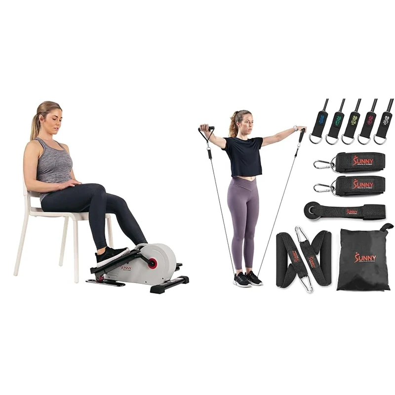 Sunny Health and Fitness Magnetic Under Desk Elliptical Peddler, Portable Mini with Resistance + Premium esistance Band Set With Door Anchors, Wrist Straps, Handles & Carry Bag