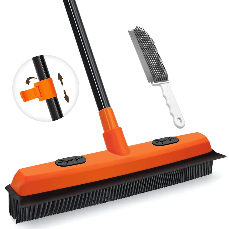 JEHONN Rubber Broom with Squeegee, Pet Hair Remover 134 cm Long Handle, Push Fur Removal Tool with Portable Detailing Lint Brush for Fluff Carpet, Window, Tile, Hardwood Floor Cleaning (Orange)