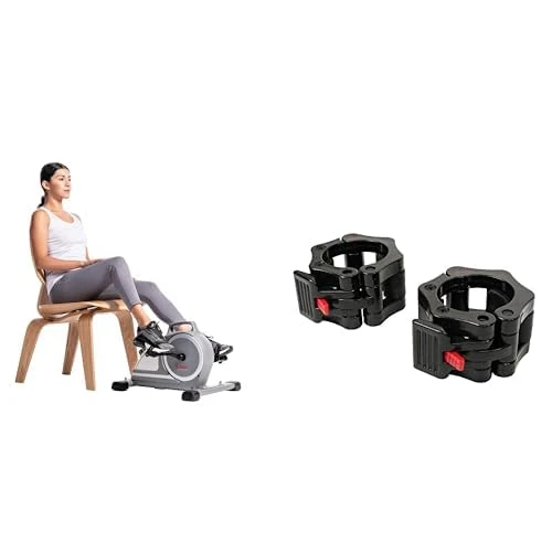 Sunny Health & Fitness Magnetic Under Desk Mini Exercise Cycle Bike, Dual Function Pedal Exerciser + Locking Collar Clamps with Quick Release for Olympic Barbells for Pro Training