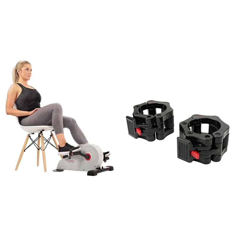 Sunny Health & Fitness Magnetic Under Desk Pedal Exerciser, Dual Function Mini Exercise Cycle Bike + Locking Collar Clamps with Quick Release for Olympic Barbells for Pro Training