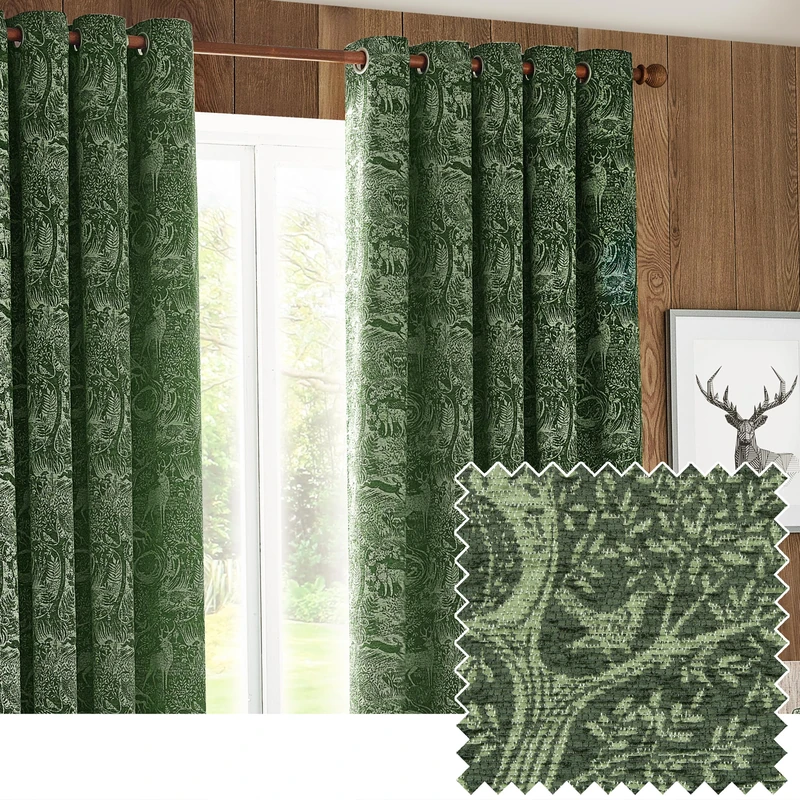 furn. Winter Woods Chenille Room Darkening Eyelet Curtains – Woodland Animals Pattern (Emerald - Width x Drop: 117 x 137cm / 46 x 54, 2 Panels)