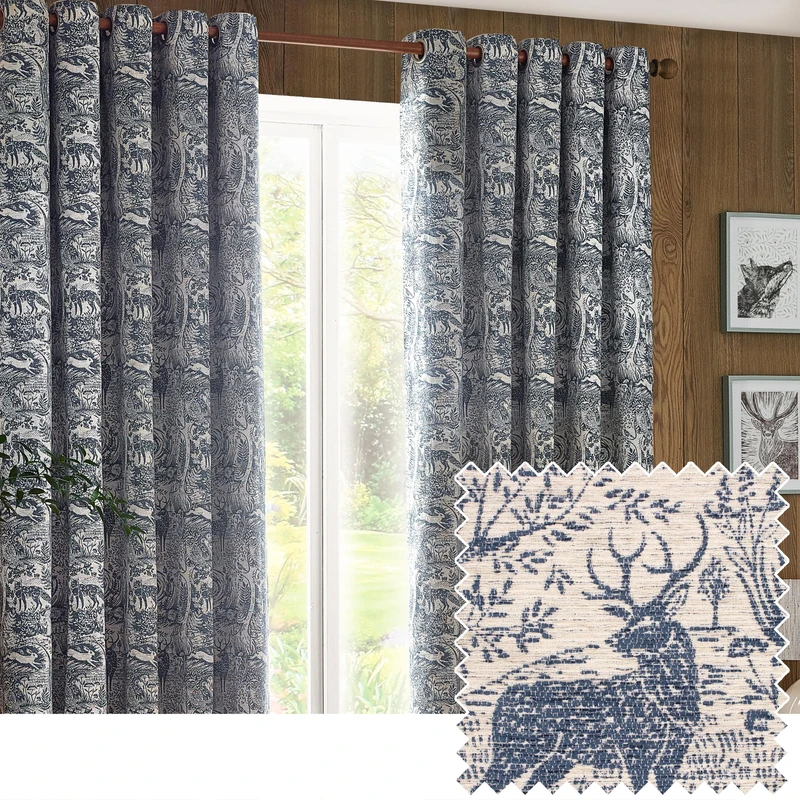 furn. Winter Woods Chenille Room Darkening Eyelet Curtains – Woodland Animals Pattern (Midnight - Width x Drop: 117 x 137cm / 46 x 54, 2 Panels)