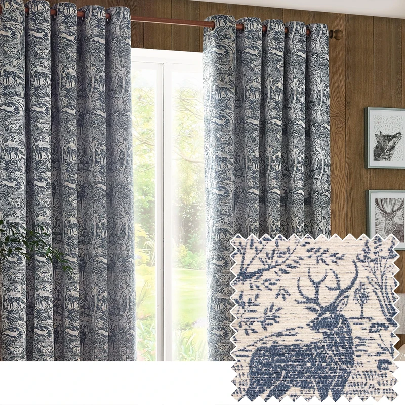 furn. Winter Woods Chenille Room Darkening Eyelet Curtains – Woodland Animals Pattern (Midnight - Width x Drop: 229 x 229cm / 90 x 90, 2 Panels)