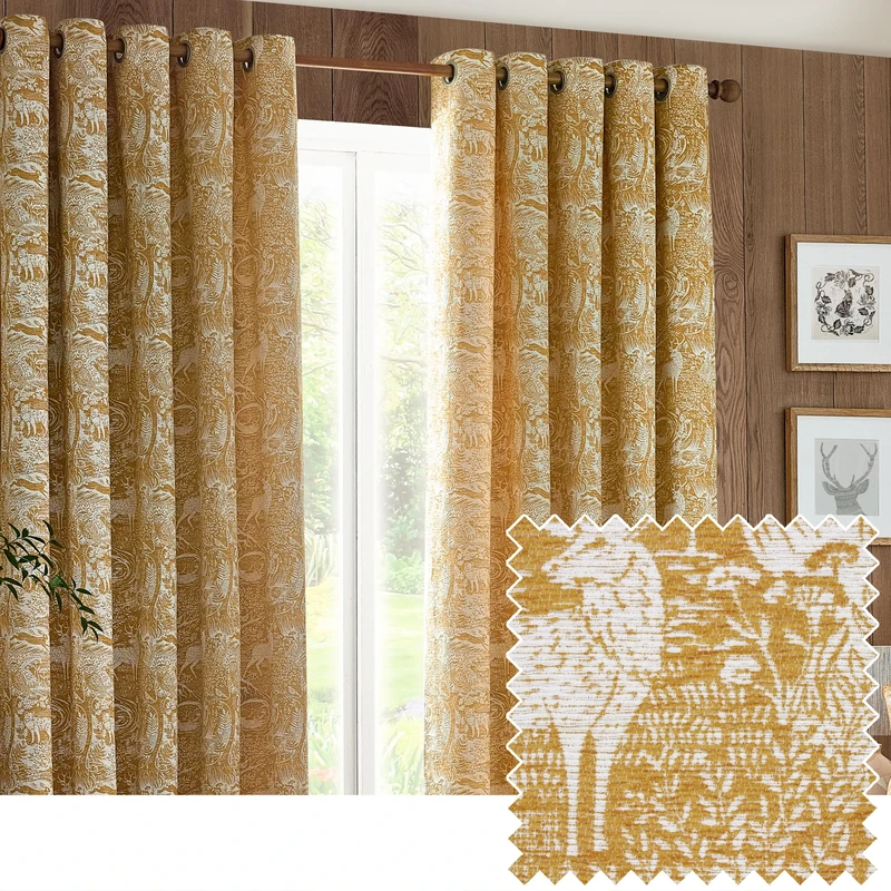 furn. Winter Woods Chenille Room Darkening Eyelet Curtains – Woodland Animals Pattern (Ochre - Width x Drop: 168 x 183cm / 66 x 72, 2 Panels)