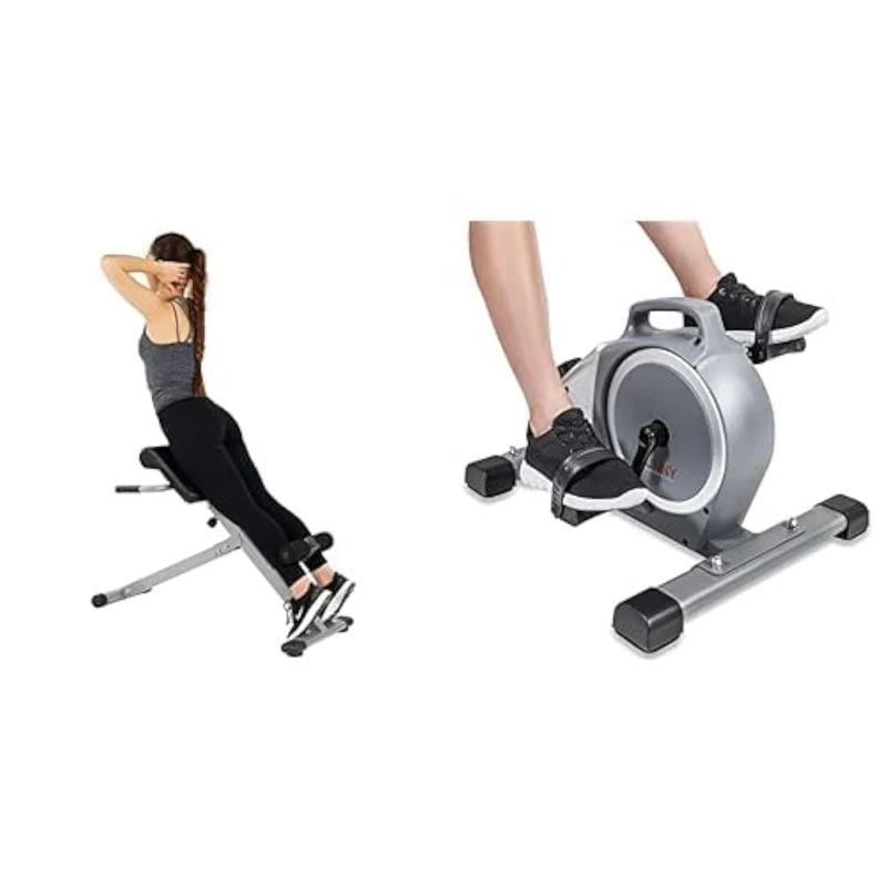 Sunny Health & Fitness Magnetic Under Desk Mini Exercise Cycle Bike, Dual Function Pedal Exerciser + 45 Degree Hyperextension Roman Chair, Steel, Grey, One Size SF-BH6629