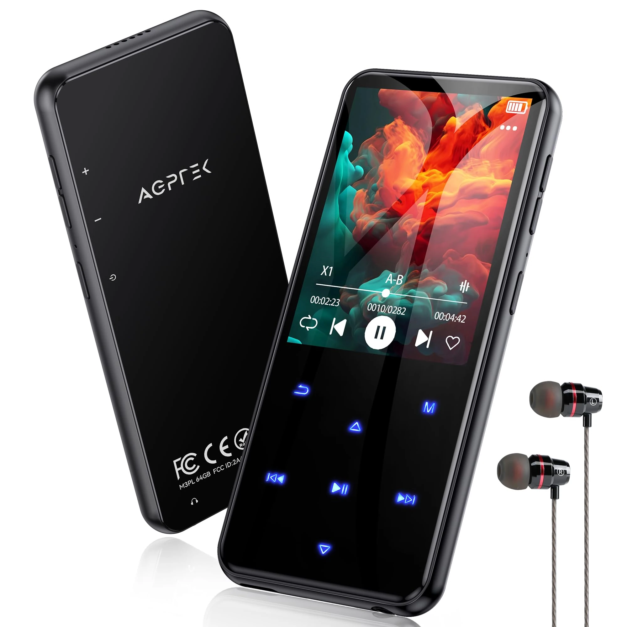 AGPTEK MP3 Player with Bluetooth 5.3, 64GB Internal Memory Expandable up to 128GB, 2.4 Inch Music Player with Speaker and FM Radio, Earphone Included