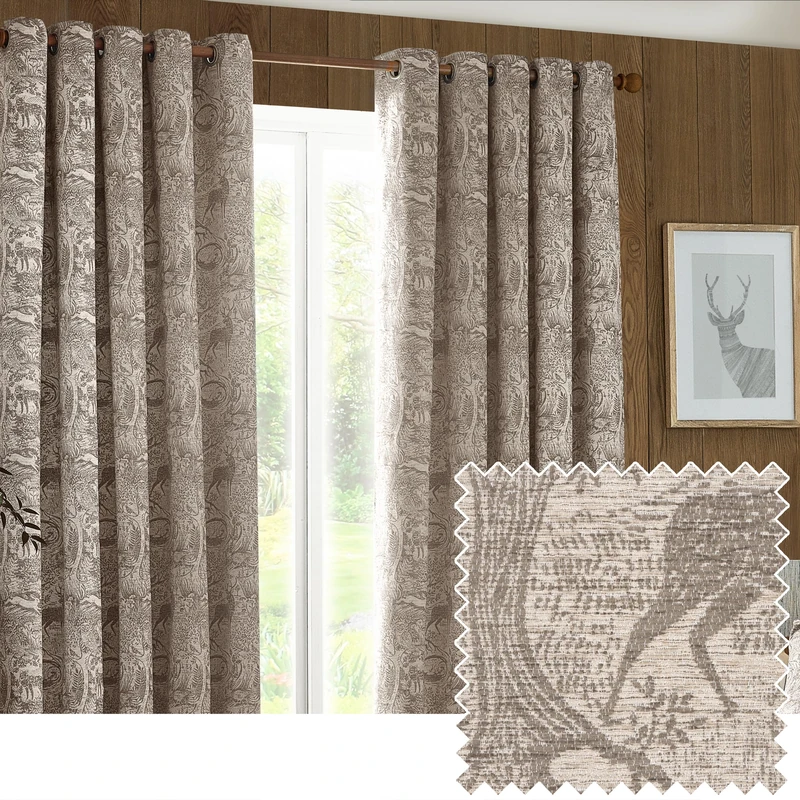 furn. Winter Woods Chenille Room Darkening Eyelet Curtains – Woodland Animals Pattern (Taupe - Width x Drop: 229 x 183cm / 90 x 72, 2 Panels)