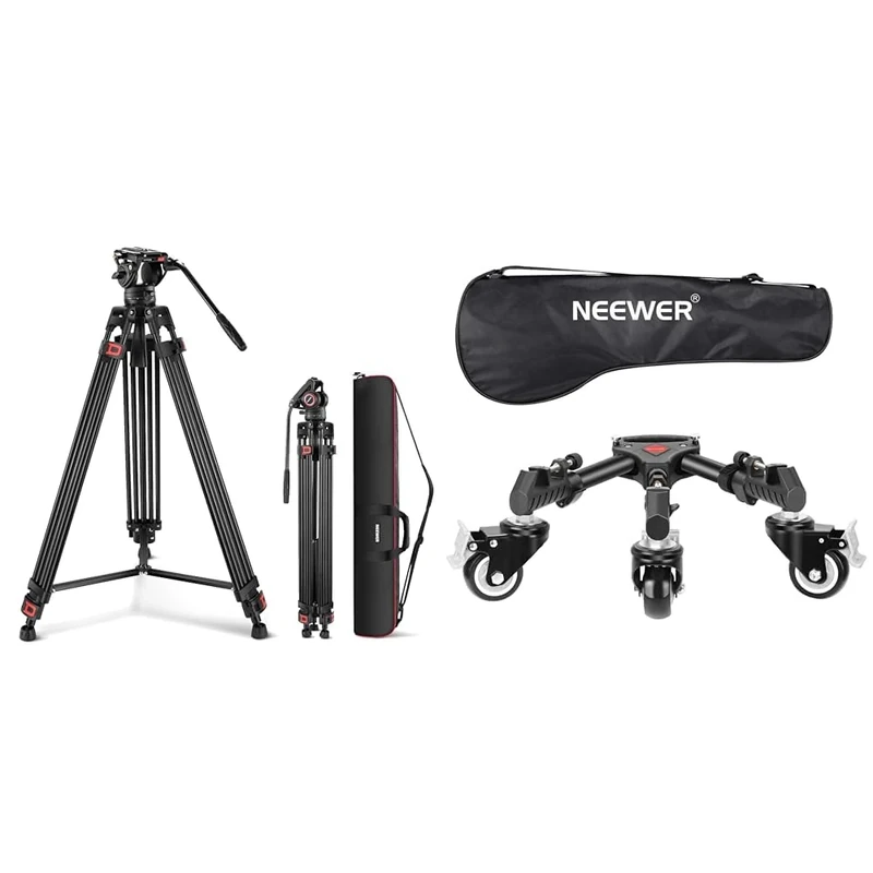 NEEWER 74 Inch Pro Video Tripod with Fluid Head, QR Plate Compatible with DJI RS Gimbals, Durable Camera Tripod, Photography Tripod Dolly, Heavy Duty 50lbs Capacity Tripod Wheels