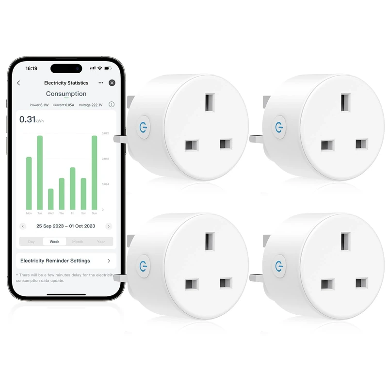 EIGHTREE Smart Plugs with Energy Monitoring, WiFi Smart Sockets with Remote Control and Timer, 2.4GHz Wi-Fi, 13A, 4 Pack - Alexa & Google Home Compatible
