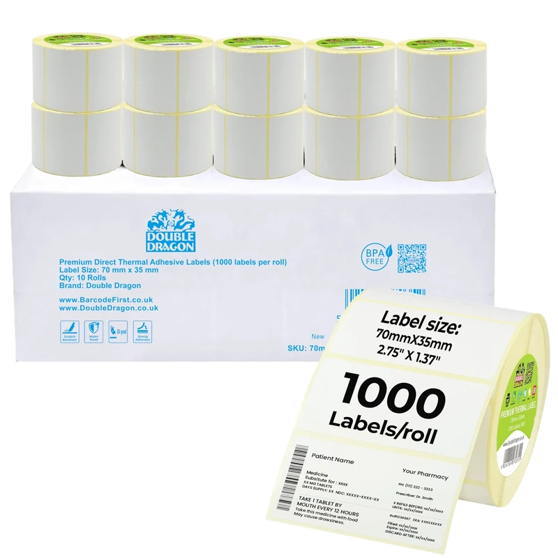 10,000 Pharmacy Prescription Dispensing Labels, 70x35mm, Premium Coated Direct Thermal Labels, Core 25mm, for Zebra, MUNBYN, Rollo, TSC, Toshiba, Citizen Printer, GK420D, ZD220, 70x36mm [10 Roll]