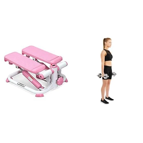 Sunny Health & Fitness Exercise Stepping Machine, Portable Mini Stair Stepper for Home or Office Workouts + Adjustable 15 KG Dumbbell Set w/Carry Case