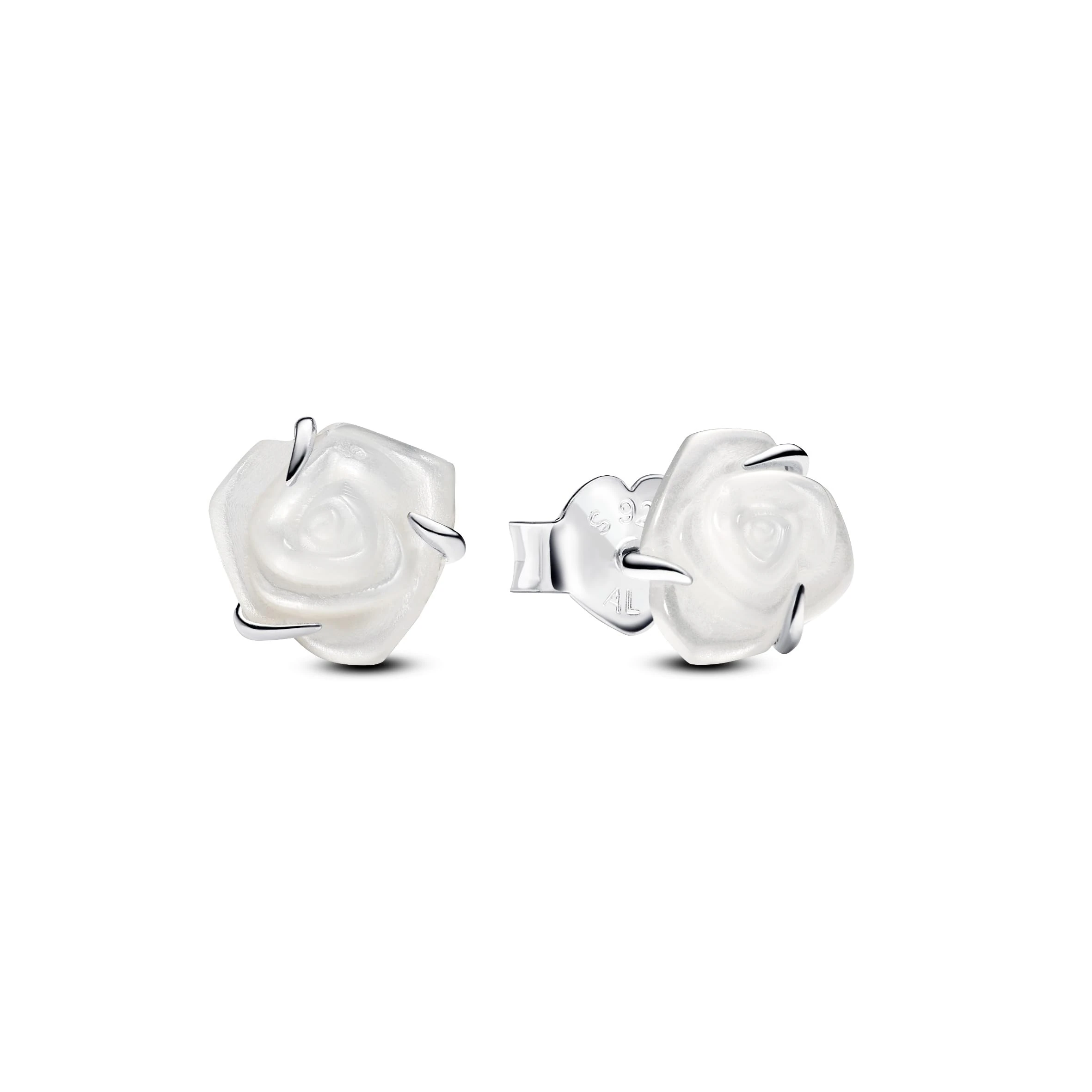 Pandora Moments White rose sterling silver stud earrings with white bioresin man-made mother of pearl