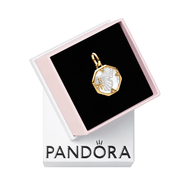 Pandora ME Butterfly 14k gold-plated medallion with clear cubic zirconia and white bioresin man-made mother of pearl - Image 1