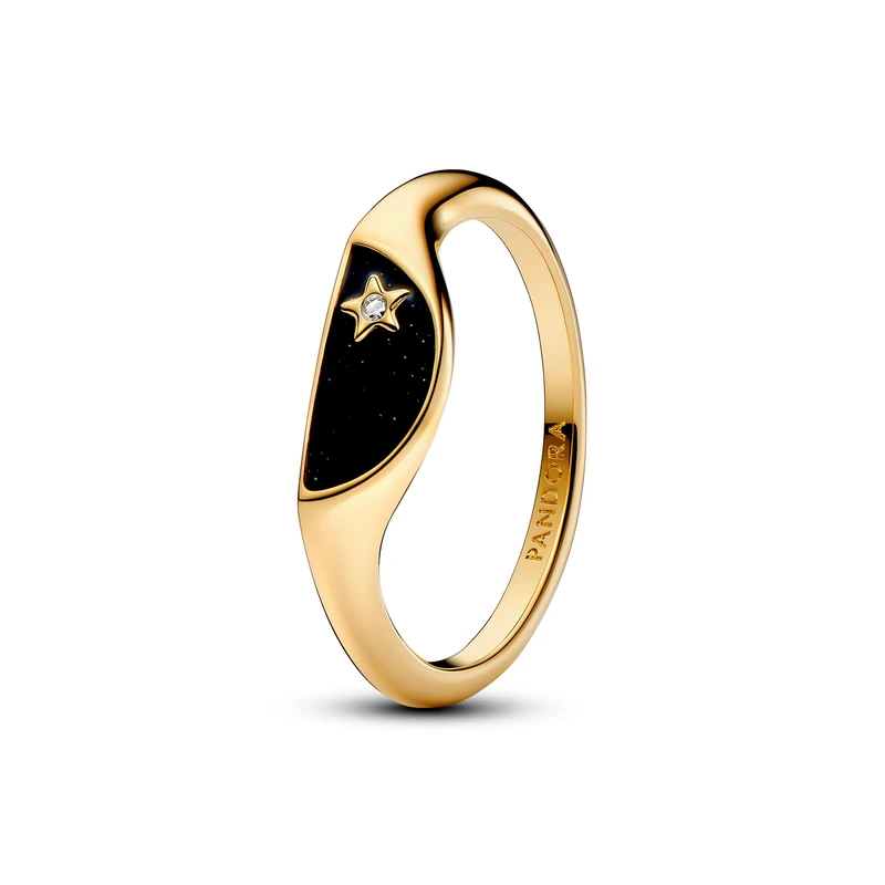 Pandora ME Halved signet 14k gold-plated ring with clear cubic zirconia and glittery black enamel, 52